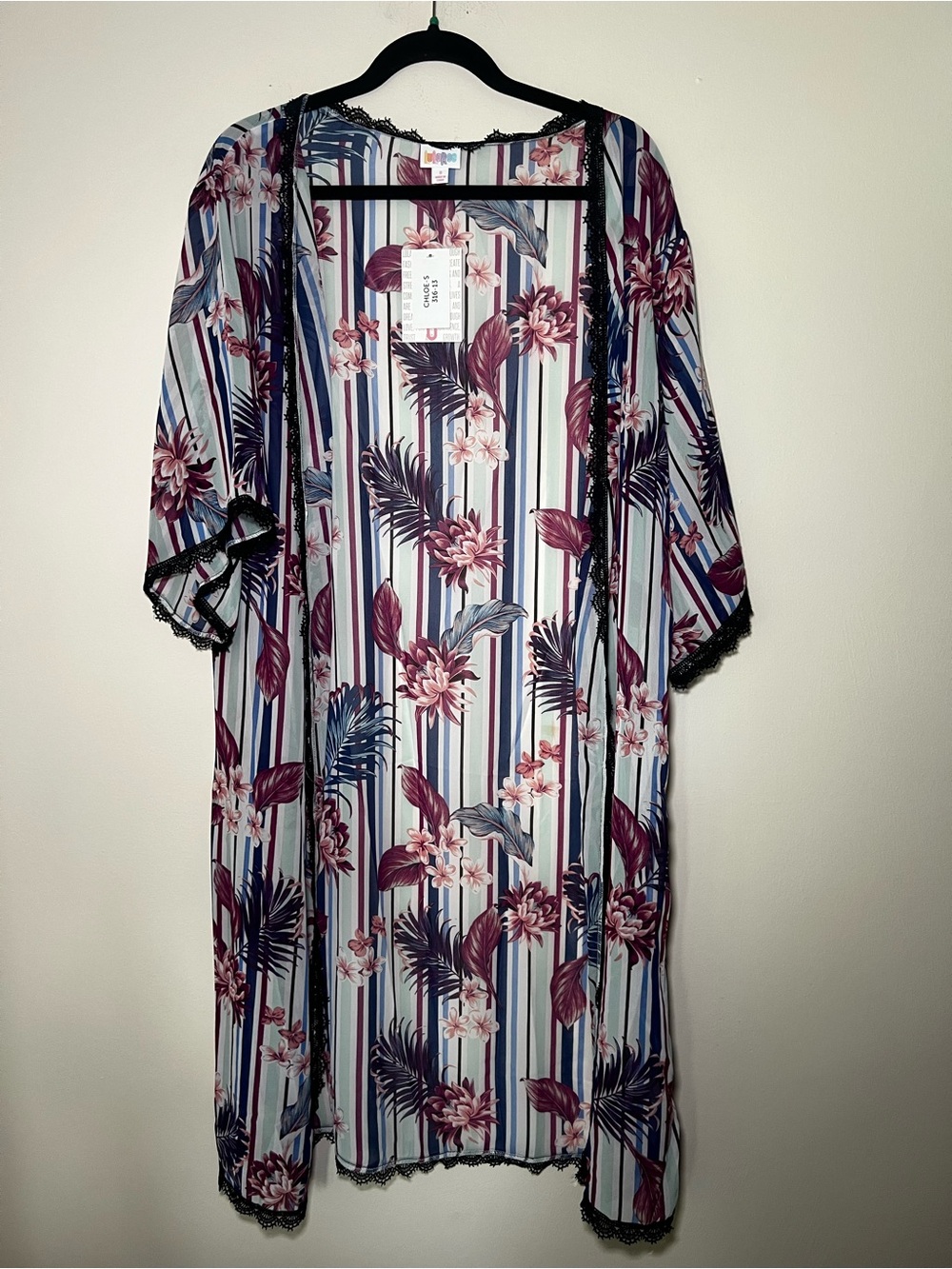 LuLaRoe Chloe Floral Stripe Bohemian Overlay in Blue, White, and Burgundy